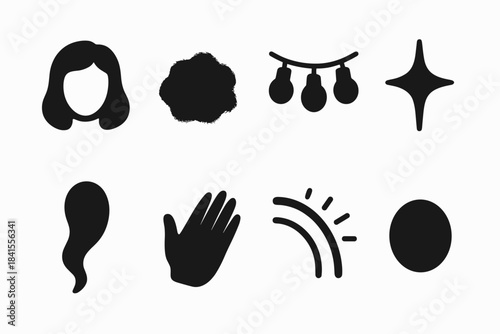 Fairy Glow Icon Set. Soft fairy glow. Filled icon set of soft fairy glow: face outline, glow haze, bulb string