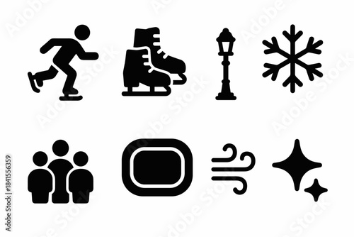 City Square Rink Icons. City square ice rink. Filled icon set of city square ice rink: skater outline, skate