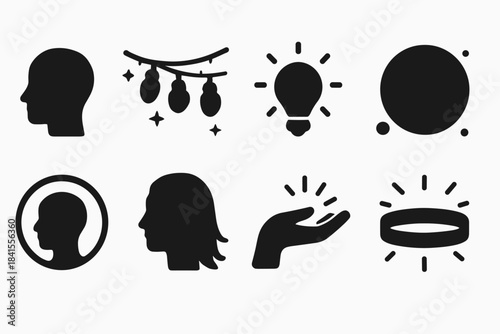 Model Glow Icons. Model glow moment. Filled icon set of model glow moment: head outline, fairy lights, bulb