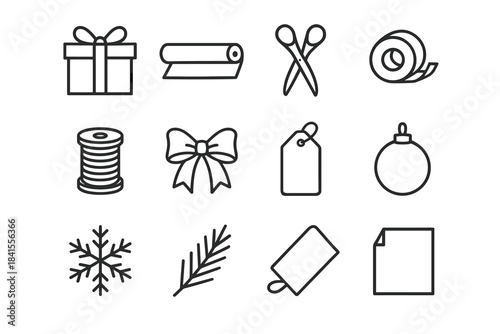 Festive Wrapping Icon Set. Festive wrapping station. Line outline icon set of Festive wrapping station: gift