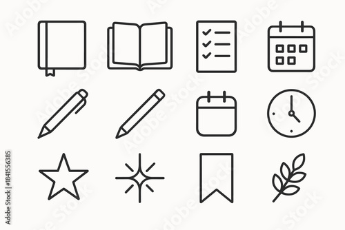 New Year's Icons. New Year’s resolutions notebook. Line outline icon set of New Year’s resolutions notebook: