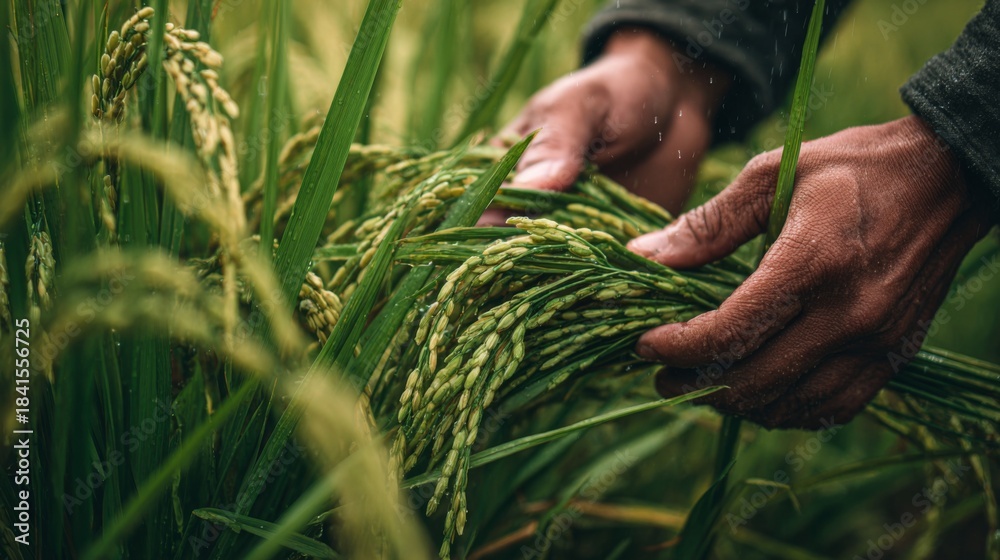 Fototapeta premium Close-up of Hands Harvesting Fresh Green Rice Stems in a Lush Paddy Field Under Natural Light Reflecting Bountiful Agricultural Practices