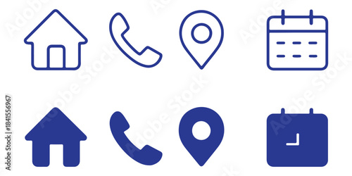 Interface icon set. Phone receiver, home, location pin, clock and calendar elements form a clean contact vector illustration. Navigation and scheduling symbol. Call and visit planning sign.
