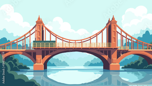 Vintage red suspension old bridge scaffolded for repair in valley