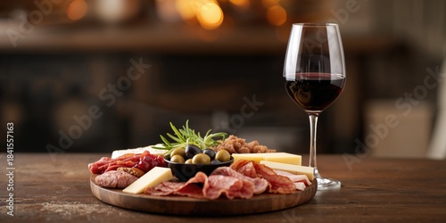 Assorted cured meats and cheeses with a glass of red wine, suitable for entertaining