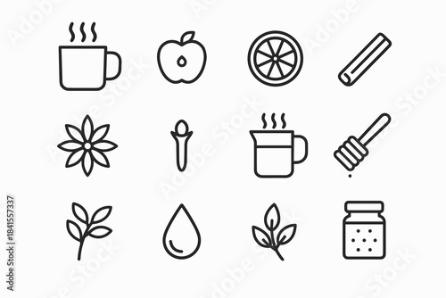 Apple-Orange Drink Icons. Apple–orange warm drink. Line outline icon set of Apple–orange warm drink: mug,