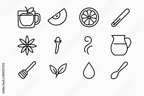 Warm Cider Icon Set. Warm fruity cider. Line outline icon set of Warm fruity cider: mug, apple wedge, orange