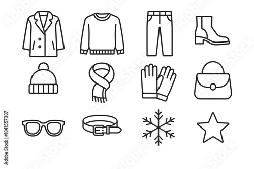 Winter Fashion Icons. Winter fashion flat-lay. Line outline icon set of Winter fashion flat-lay: coat, sweater