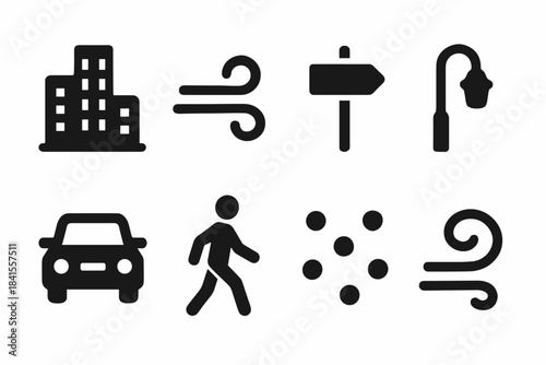 City Blizzard Icons. City street blizzard. Filled icon set of city street blizzard: skyscraper block, snow