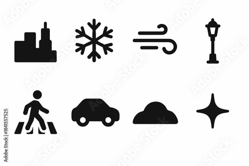 City Snow Icons. City snow scene icons. Filled icon set of city snow scene icons: skyline bar, snowflake, wind
