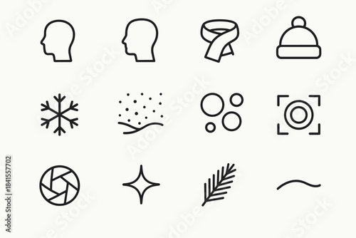 Snow Drift Icon Set. Snow drift portrait. Line outline icon set of Snow drift portrait: head silhouette,