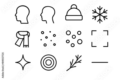 Falling Snow Icon Set. Soft falling snow portrait. Line outline icon set of Soft falling snow portrait: head