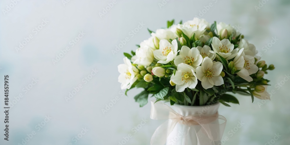 Fototapeta premium Close-up of fresh spring hellebore flowers in a white vase, floral arrangement for seasonal decor
