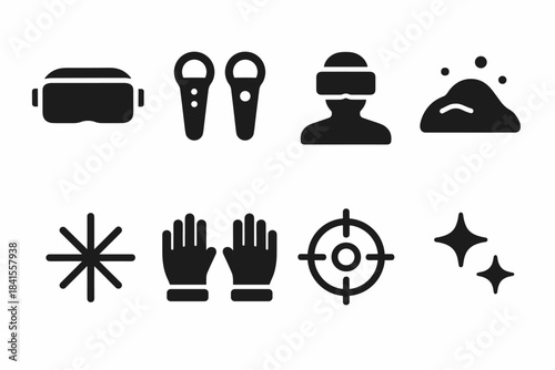VR Snow Challenge Icons. VR snow challenge. Filled icon set of VR snow challenge: visor icon, controller duo,