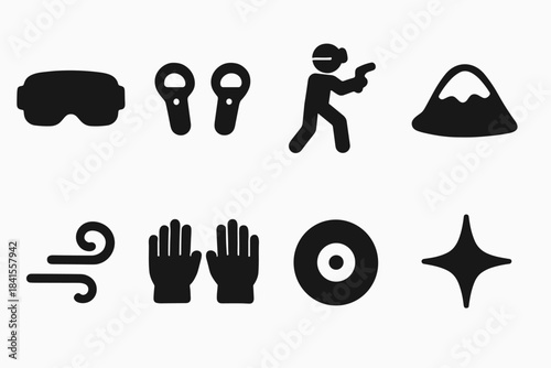 Snowfield VR Icons. Snowfield VR gaming. Filled icon set of snowfield VR gaming: visor outline, controller