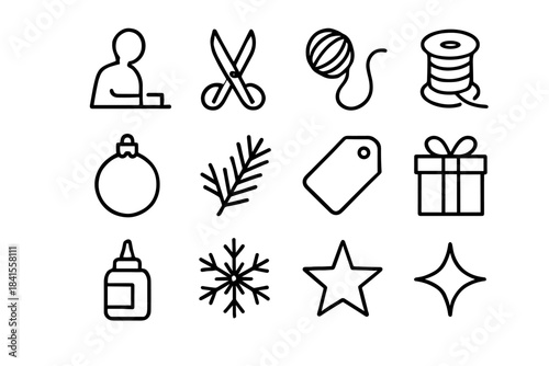 Holiday Workshop Icons. Holiday workshop prep. Line outline icon set of Holiday workshop prep: craft maker