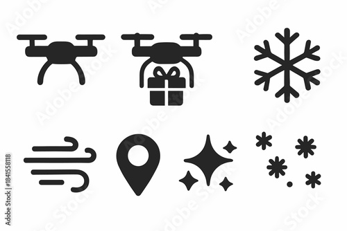 Winter Parcel Drones. Winter parcel drones. Filled icon set of winter parcel drones: drone silhouette, gift