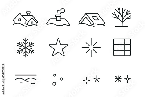 Winter Rooftop Icons. Rooftop winter panorama. Line outline icon set of Rooftop winter panorama: rooftops,