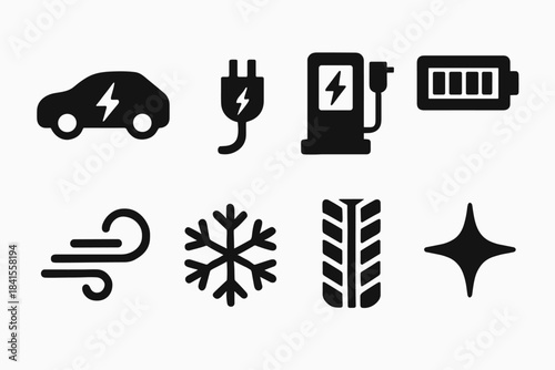 Electric Vehicle Winter Icons. Electric vehicle winter charge. Filled icon set of electric vehicle winter