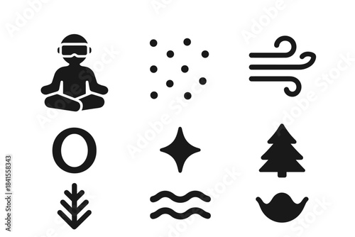 Frozen AR Meditation Icons. Frozen AR meditation. Filled icon set of frozen AR meditation: lotus pose, AR