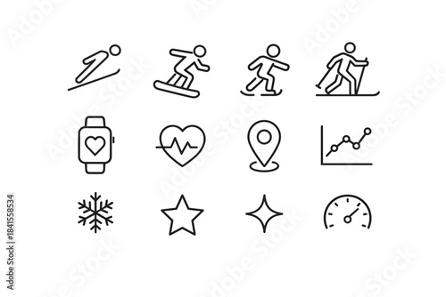 Winter Sports Icons. High-tech winter athletics. Line outline icon set of High-tech winter athletics: ski jump