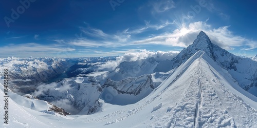 European Alps viewed from Mont Blanc summit, seasonal mountain preservation efforts, Earth Day