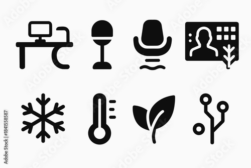 Futuristic Office Icons. Next-gen office winter. Filled icon set of next-gen office winter: futuristic desk,
