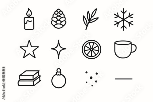 Cozy Winter Icons. Cozy winter still-life. Line outline icon set of Cozy winter still-life: candle, pine cone,