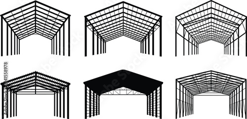 Steel warehouse structure frames with truss roof perspective views, industrial metal building architecture elements for construction design, engineering projects, factory framework illustrations and s