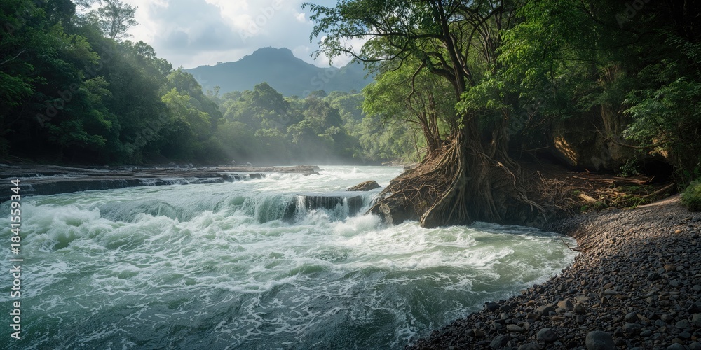 Naklejka premium Ecuador Papallacta Rio Quijos, a vigorous river flowing from the Andes into the Amazon basin, natural water flow and landscape preservation
