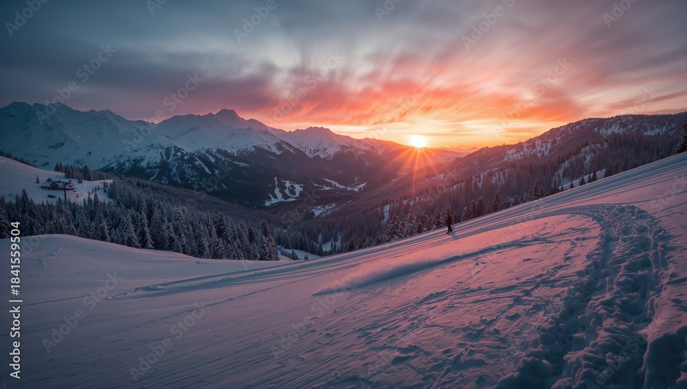 Fototapeta premium Ski slopes illuminated at dusk, highlighting winter sports during holiday celebrations