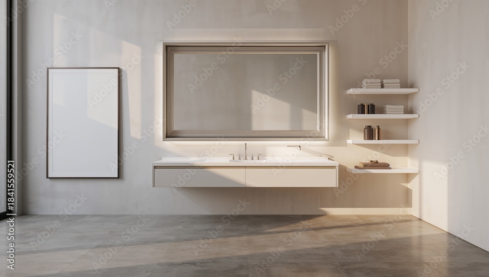 Fototapeta premium Bathroom featuring expansive mirror, towel shelves, and white poster for interior planning, Earth Day