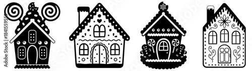 Christmas Gingerbread Cookie Houses Collection. Holiday Ginger, Chocolate, Oatmeal and Crumbly Biscuit Home Illustrations with Candy Details and Snow Icing Décor