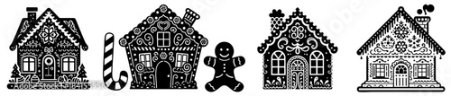 Christmas Gingerbread Cookie Houses Set — Black and White Holiday Ginger, Oatmeal, Crumbly and Chocolate Biscuit Home Illustrations with Candy Cane and Gingerbread Man