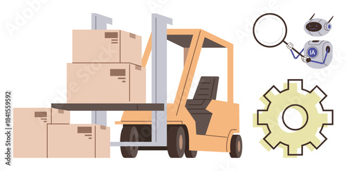 Forklift lifting boxes, AI robot holding magnifying glass, and yellow gear. Ideal for supply chain, automation, AI technology, logistics, warehouse management, process optimization and innovation