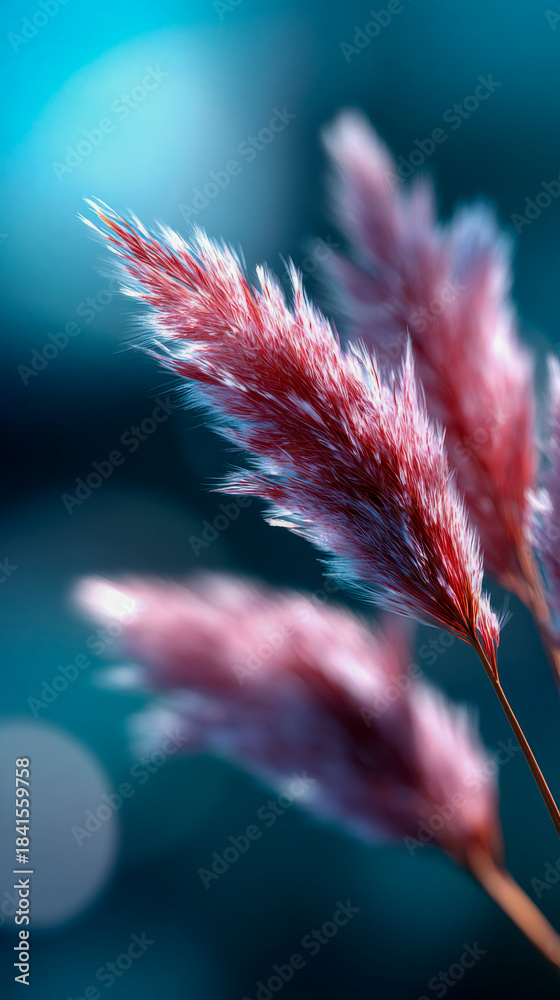Fototapeta premium Close-up of soft wheat-like feathery plants glowing in bright sunlight against a dreamy blue background