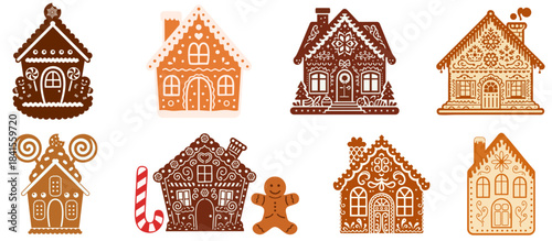 Christmas Gingerbread House. Assorted Holiday Cookie Designs with Icing Details: Gingerbread, Chocolate, Brown Sugar, Oatmeal Crumb, Frosted Candy House Decorations