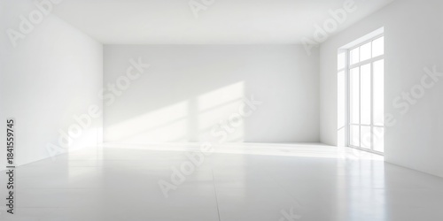 Empty room with white walls and flooring illuminated by natural light from a large window, ideal for layout design or interior planning