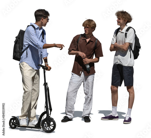 Three boys with a scooter standing outside and talking, isolated on white and transparent background