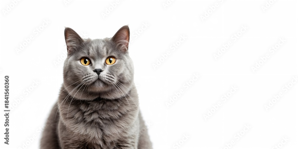 Obraz premium Domestic gray or blue British short hair cat with yellow eyes on a white background, pet care safety