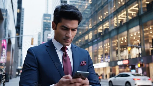 Confident businessman in a navy suit adjusts his tie on a busy city street amid glass towers lights