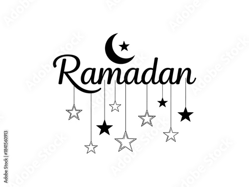 Ramadan greeting with hanging stars and crescent moon