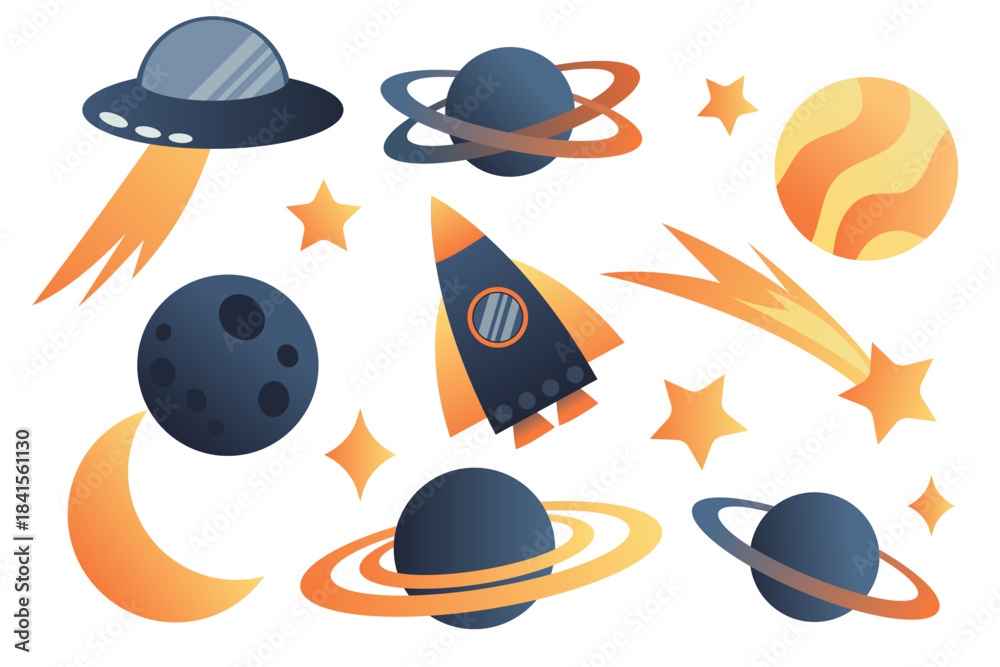 Naklejka premium Cute set of space clip art: planets, stars, and spaceship. Hand-drawn illustration. Scene builder, element collection. Flat design. Concept for children
