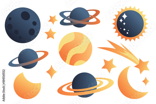 Cute set of space clip art: planets, sun, and stars. Hand-drawn illustration. Scene builder, element collection. Flat design. Concept for children printables.