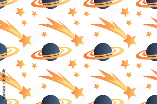 Cute seamless pattern with planets and stars. Hand-drawn illustration. Scene builder, element collection. Flat design.