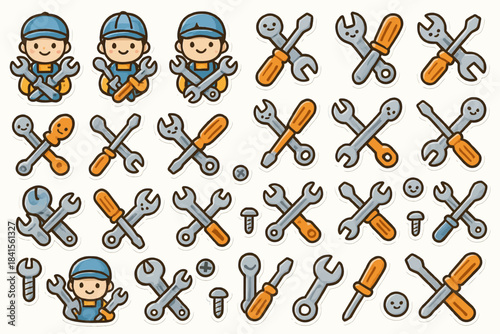 Cartoon mechanics and tools pattern with cute workers and crossed wrenches