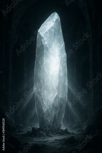 Giant glowing crystal standing in dark mysterious cave