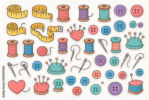 Colorful sewing supplies stickers: spools, buttons, needles, measuring tape, pin cushions