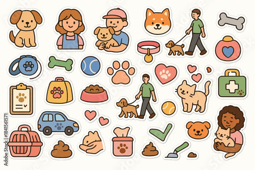 Cute pet care stickers featuring animals and people with dogs and cats