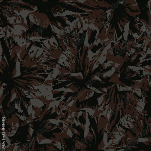 Dark modern camouflage pattern with brown and grey fragments. Abstract shattered geometric shapes in dark earth tones. Tactical military grunge texture background for gaming skins.